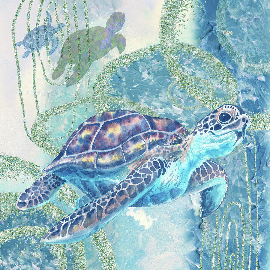 Blue Watercolor Turtles And Sparkling Bubbles Art Decor  Painting by Irina Sztukowski
