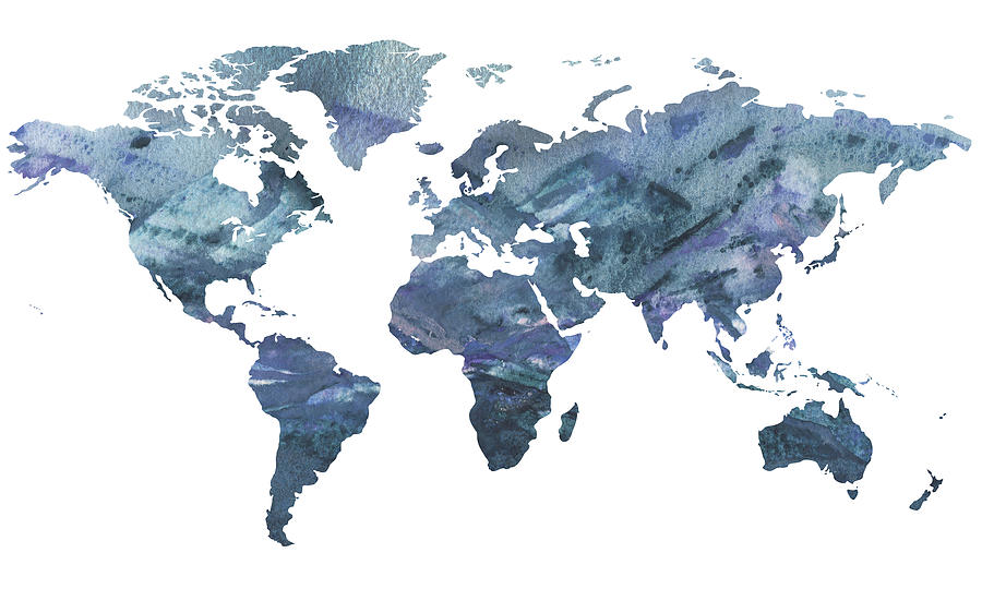 Blue Watercolor World Purple Wind Map Painting by Irina Sztukowski