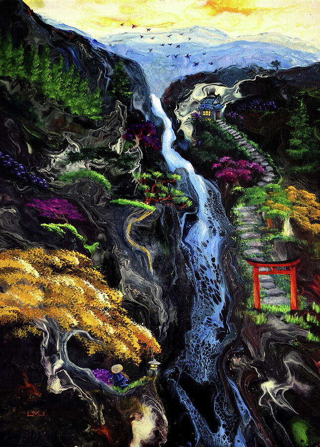Blue Waterfall Temple Melody Painting by Laura Iverson Blue Waterfall Temple Melody Painting by Laura Iverson