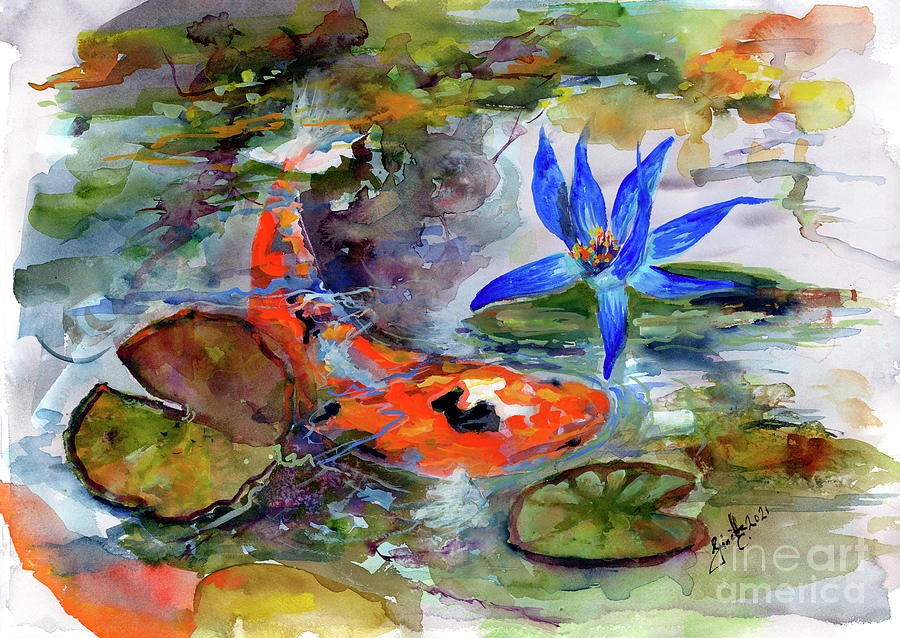 Blue Waterlily Koi Fish Pond  Painting by Ginette Callaway