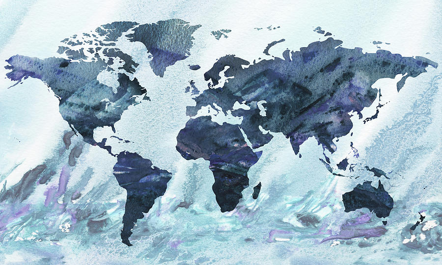 Blue Wave Watercolor World Map Painting by Irina Sztukowski