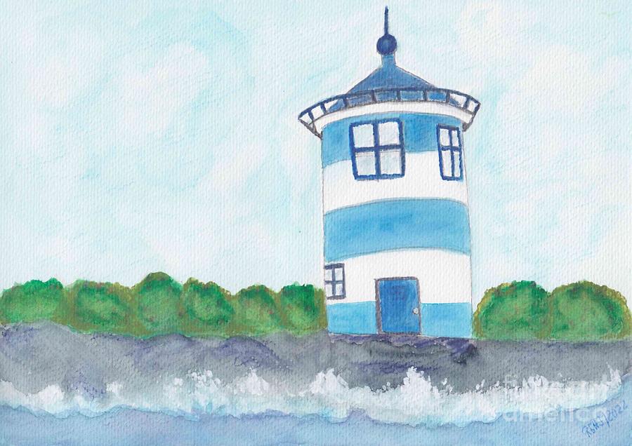 Blue-white lighthouse and wild sea Painting by Renate Janssen