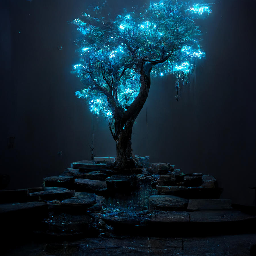 Blue Willow Tree In A Courtyard Highly Detailed Crystal Leaves