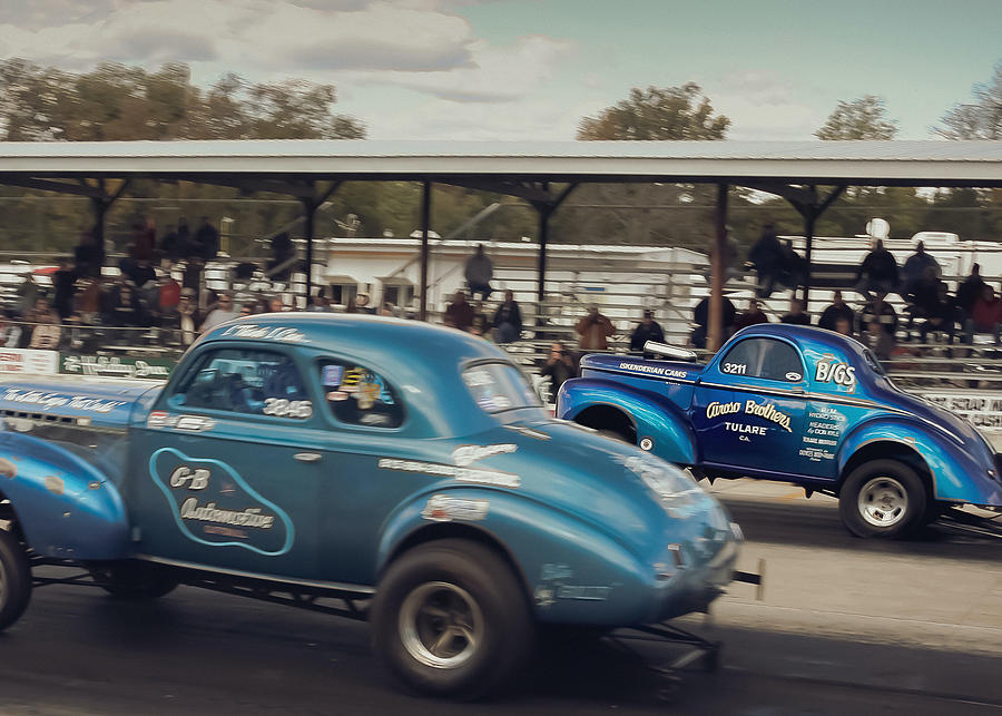 Car Photograph - Blue Willys Gassers at Drag Strip by Ghostbird Studio - Jen Sheffield