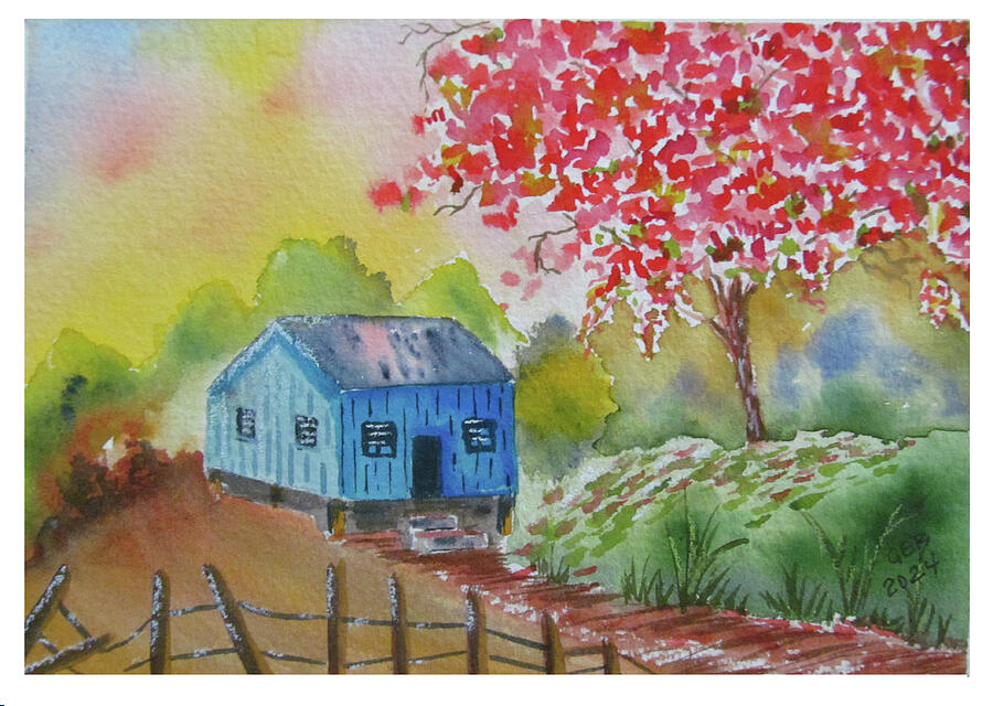 Blue wooden Home Painting by Gloria E Barreto-Rodriguez