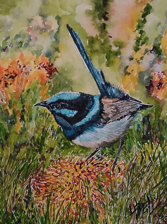 Blue Wren on banksia Painting by Leonie Bell Blue Wren on banksia Painting by Leonie Bell