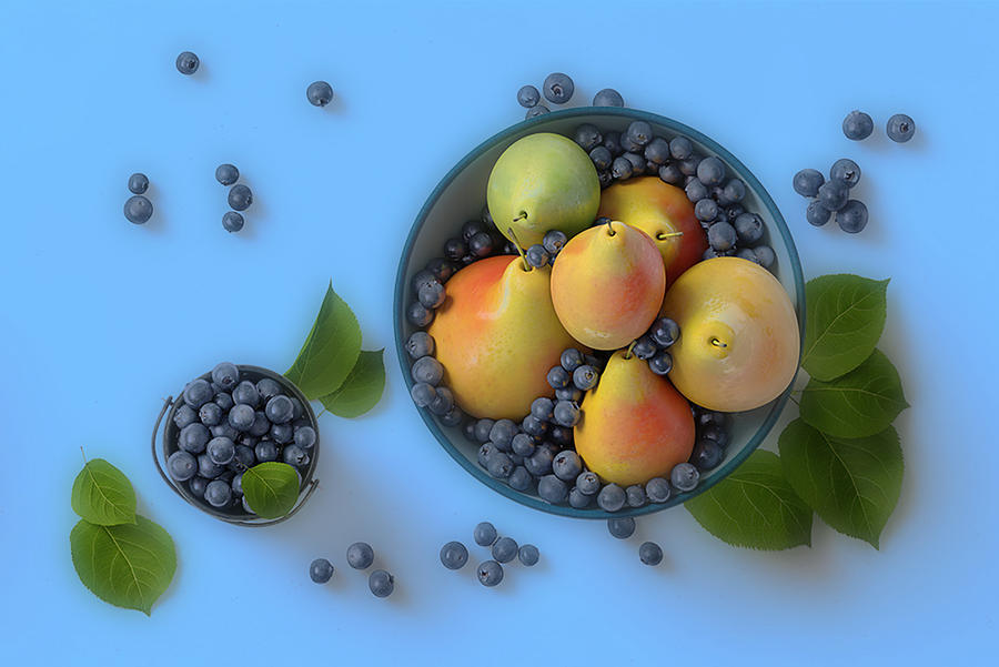 Blueberries And Pears On Blue Photograph by Johanna Hurmerinta