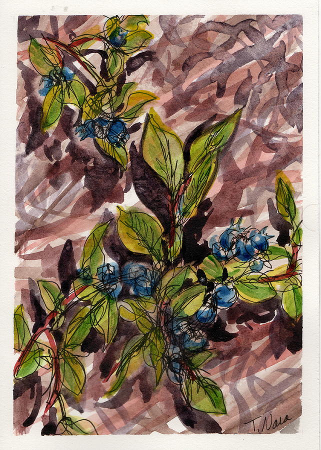 Blueberries and Pine Needles Painting by Tammy Nara