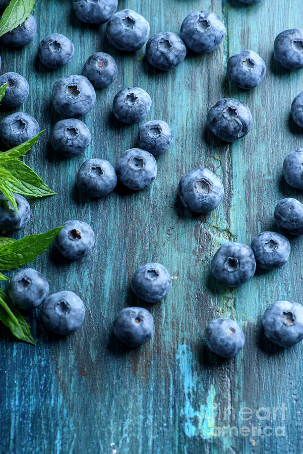 Blueberries on blue wooden table Photograph by Jelena Jovanovic