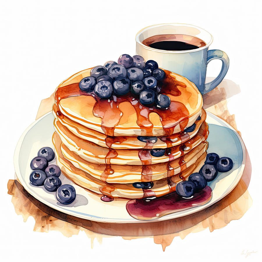 Blueberry Digital Art - Blueberry Pancakes - Blueberry Pancakes and Coffee by Lourry Legarde