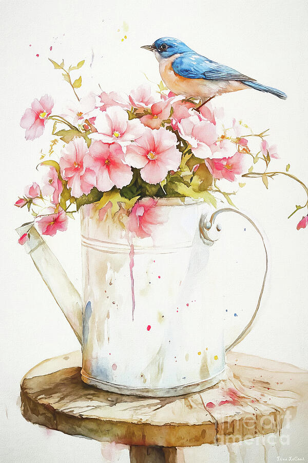 Bluebird And Begonias Painting by Tina LeCour Bluebird And Begonias Painting by Tina LeCour