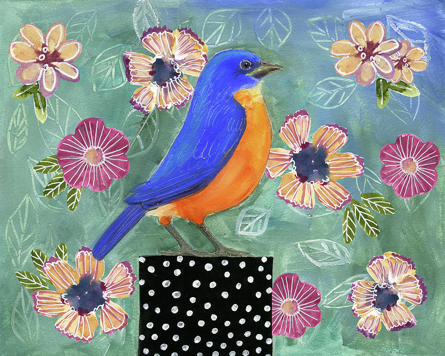 Bluebird and Flowers Painting by Blenda Studio