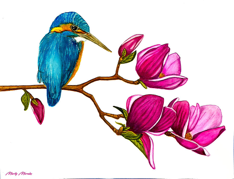 Bluebird and Flowers V1 Painting by Martys Royal Art