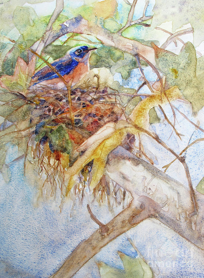 Bluebird in  Nest Painting by Bonnie Rinier