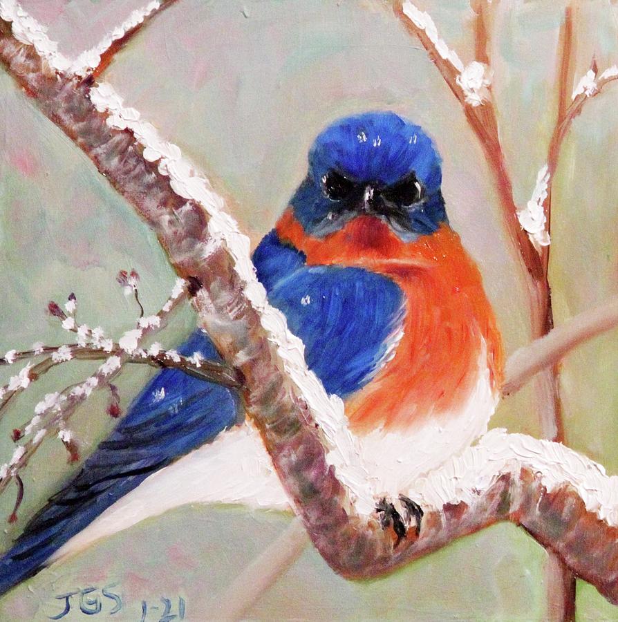 Bluebird in Snow Painting by Janet Greer Sammons