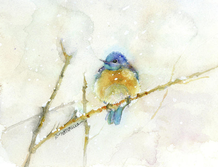 Bluebird in snow Painting by Rebecca Matthews