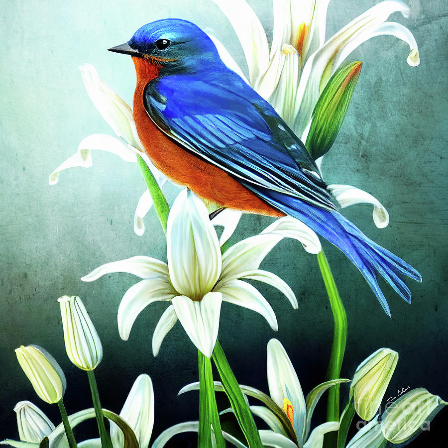 Bluebird In The Lilies Painting by Tina LeCour