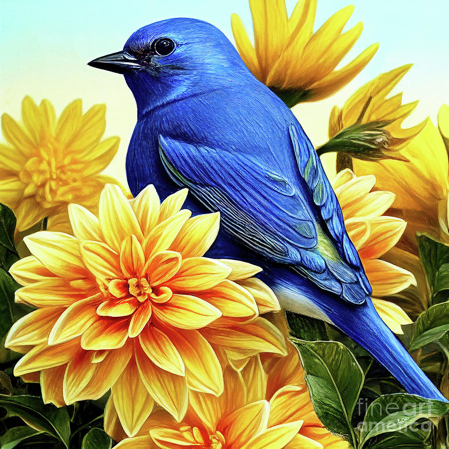 Bluebird In The Yellow Peonies Painting by Tina LeCour