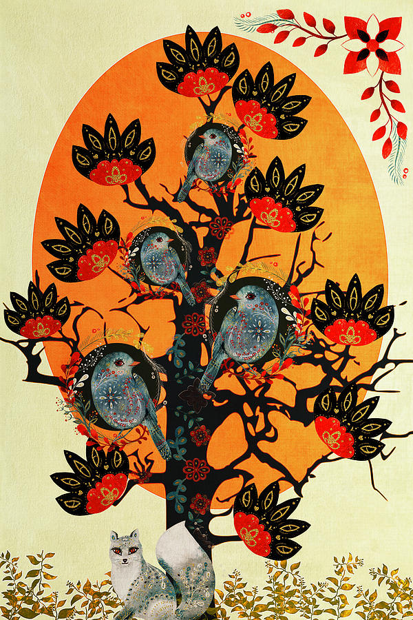 Bluebird of Happiness Tree - Folk Art Digital Art by Peggy Collins