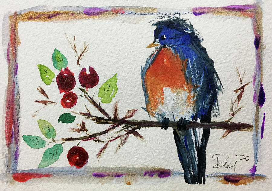 Bluebird on a Berry Branch Painting by Roxy Rich
