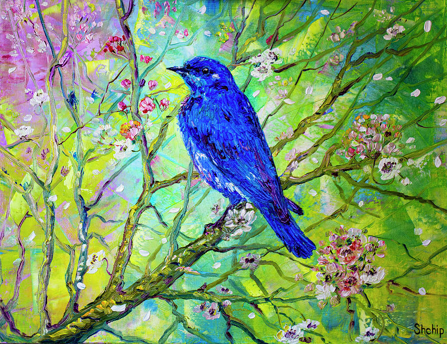 Bluebird on a blossoming branch Painting by Natalia Shchipakina - Fine ...