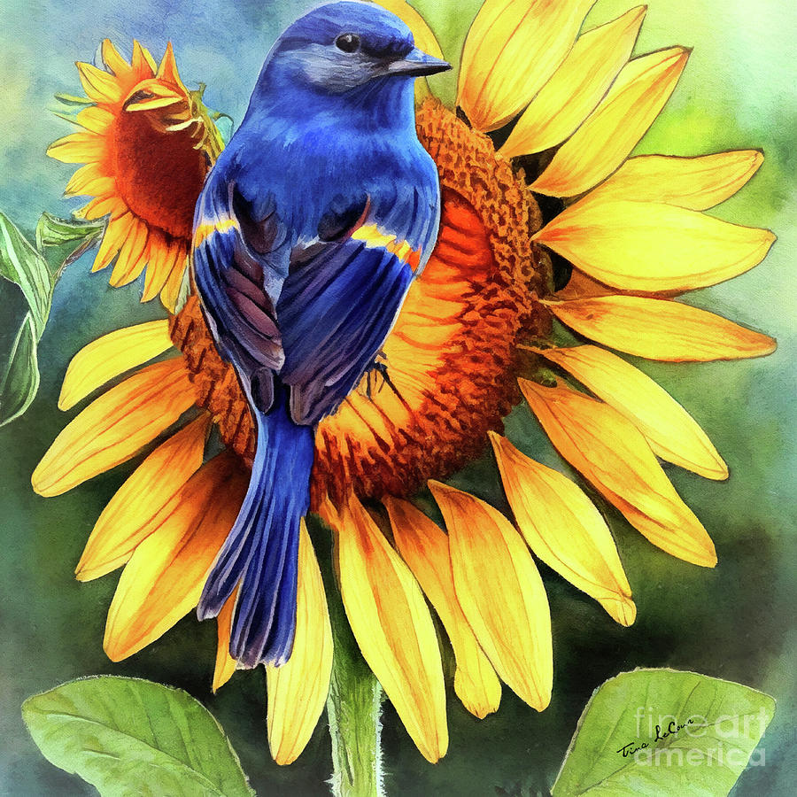 Bluebird On The Sunflower 2 Painting by Tina LeCour