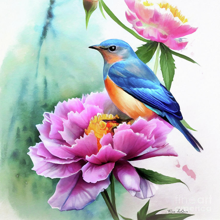 Bluebird Perched On The Peony Painting by Tina LeCour