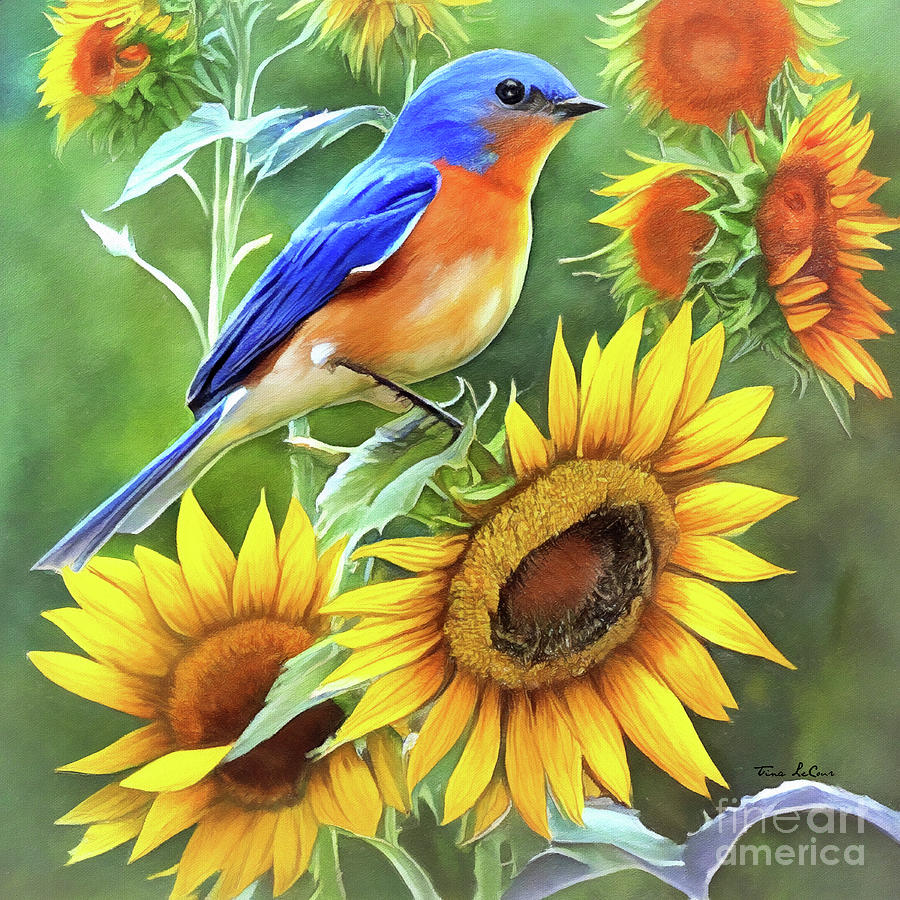 Bluebird Perched On The Sunflowers Painting by Tina LeCour