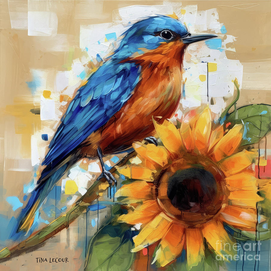 Bluebird Perched Upon The Sunflower Mixed Media