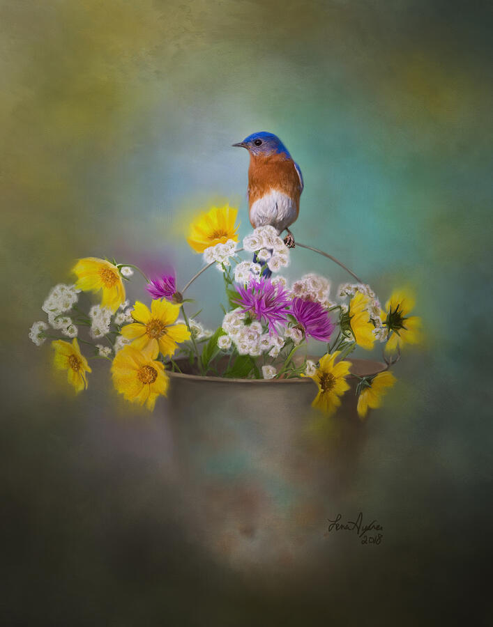 Bluebird With Bucket of Flowers Digital Art by Lena Auxier