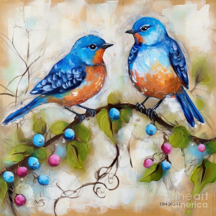 Bluebirds And Berries Painting by Tina LeCour