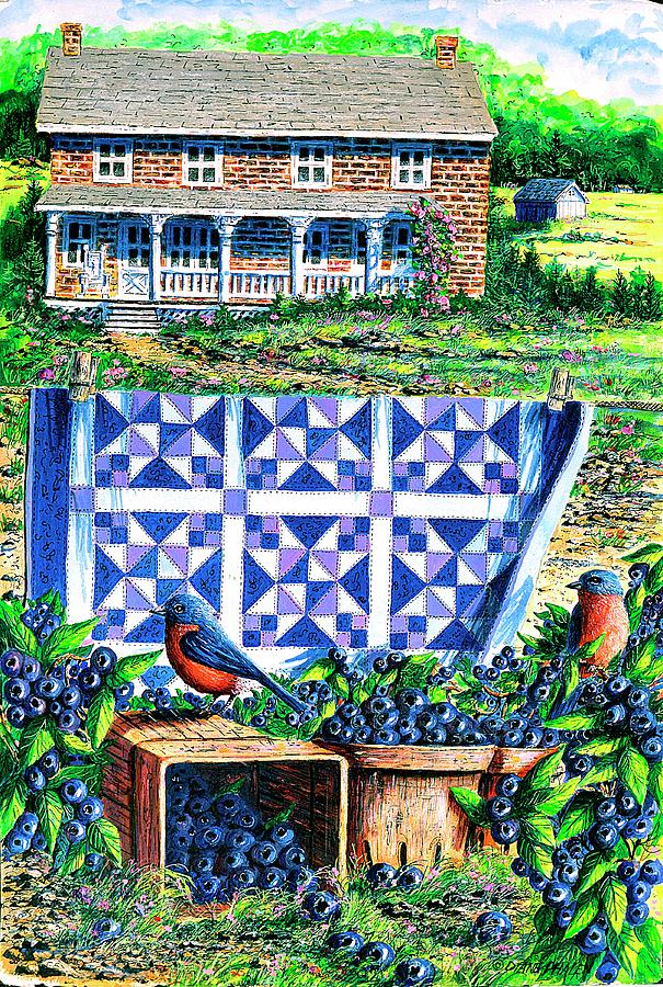 Bluebirds and Blueberries Painting by Diane Phalen