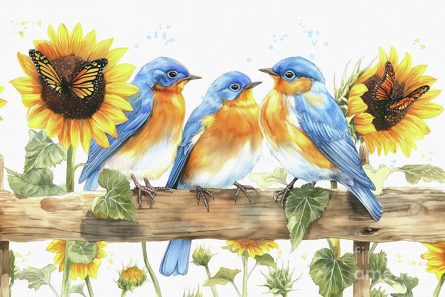 Bluebirds And Sunflowers Painting by Tina LeCour Bluebirds And Sunflowers Painting by Tina LeCour