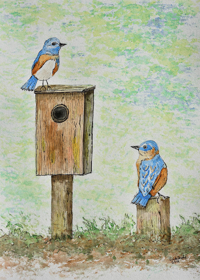 Bluebirds at Home   Saturated  Painting by Linda Brody