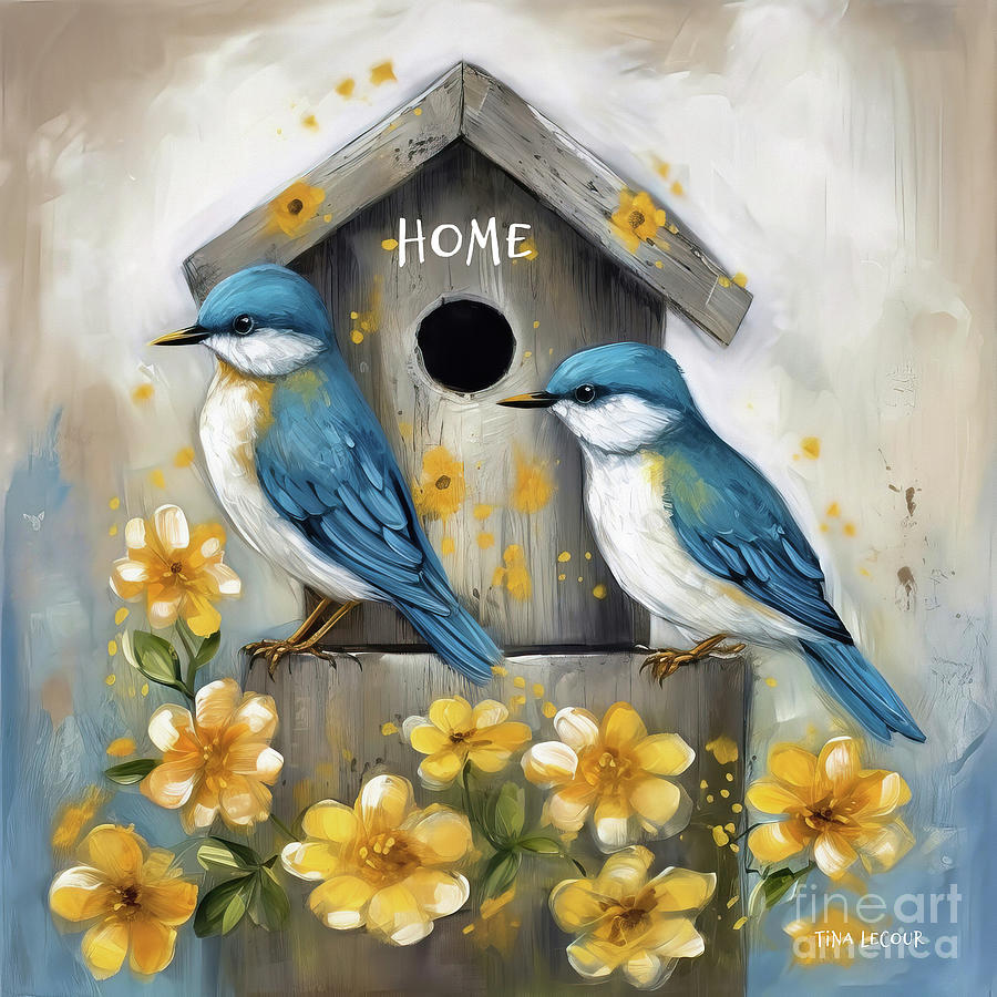 Bluebirds At Home Painting by Tina LeCour