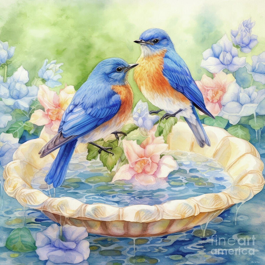 Bluebirds At The Bath Painting by Tina LeCour