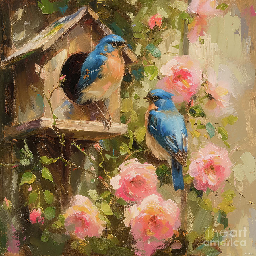 Bluebirds At The Bird House Painting by Tina LeCour