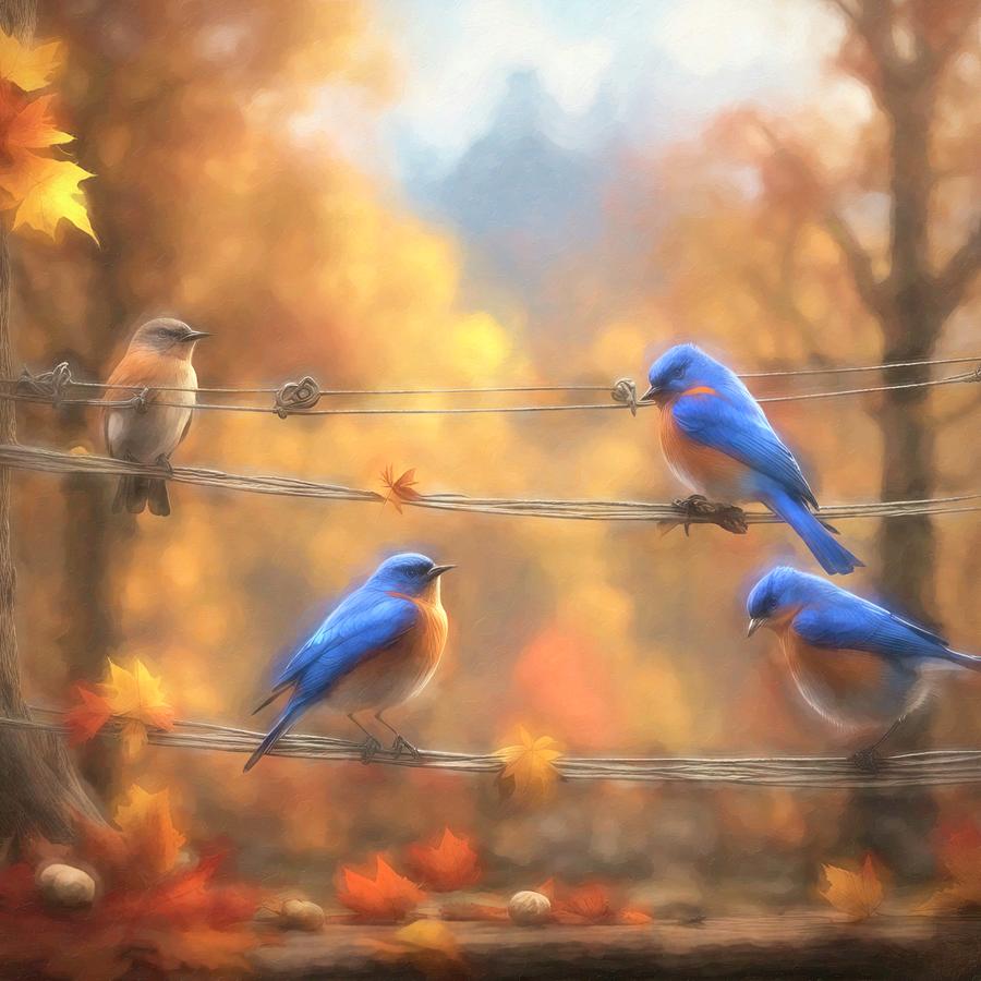 Bluebird Digital Art - Bluebirds In Autumn by Donna Kennedy