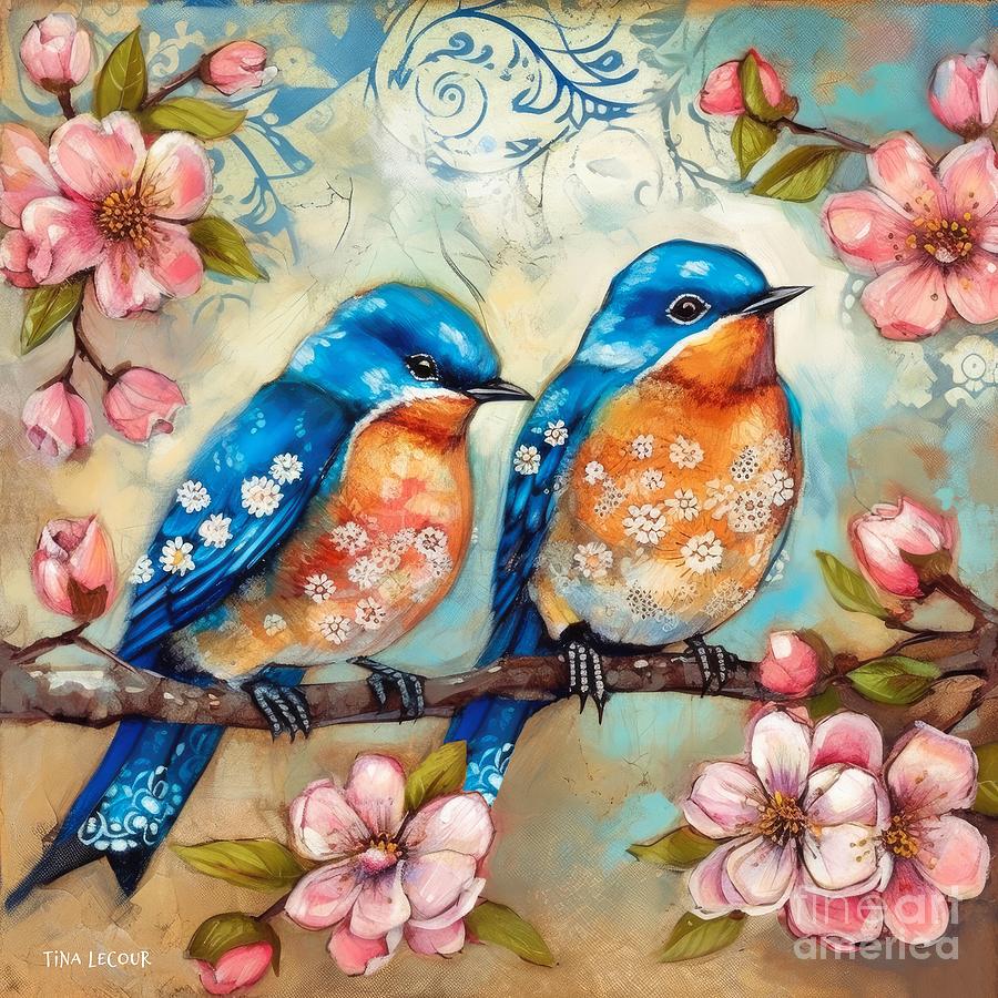 Bluebirds In Spring Painting by Tina LeCour