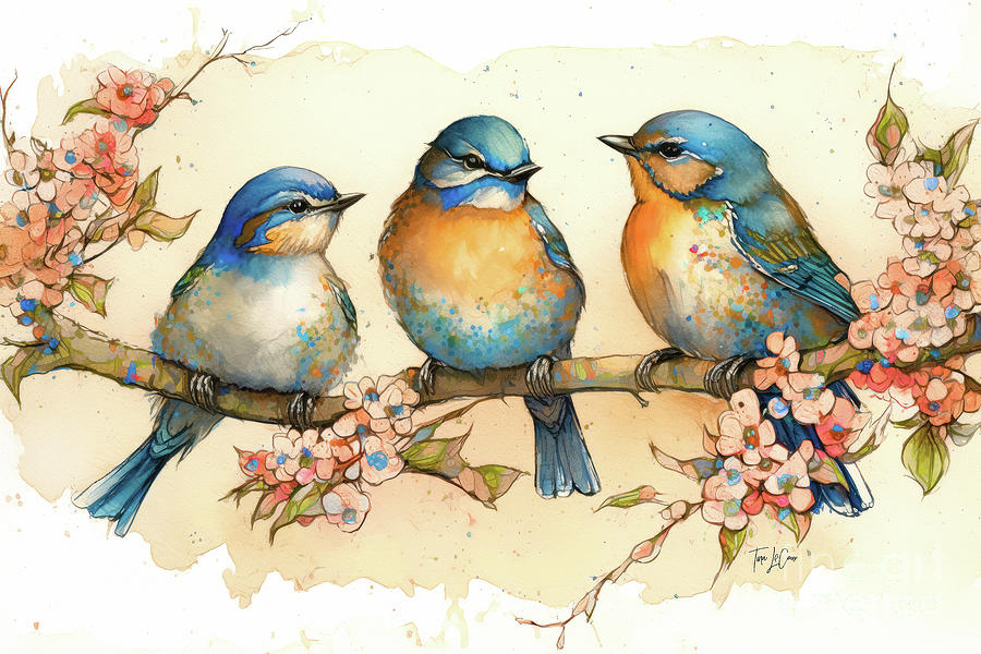Bluebirds In The Blossoms Painting by Tina LeCour
