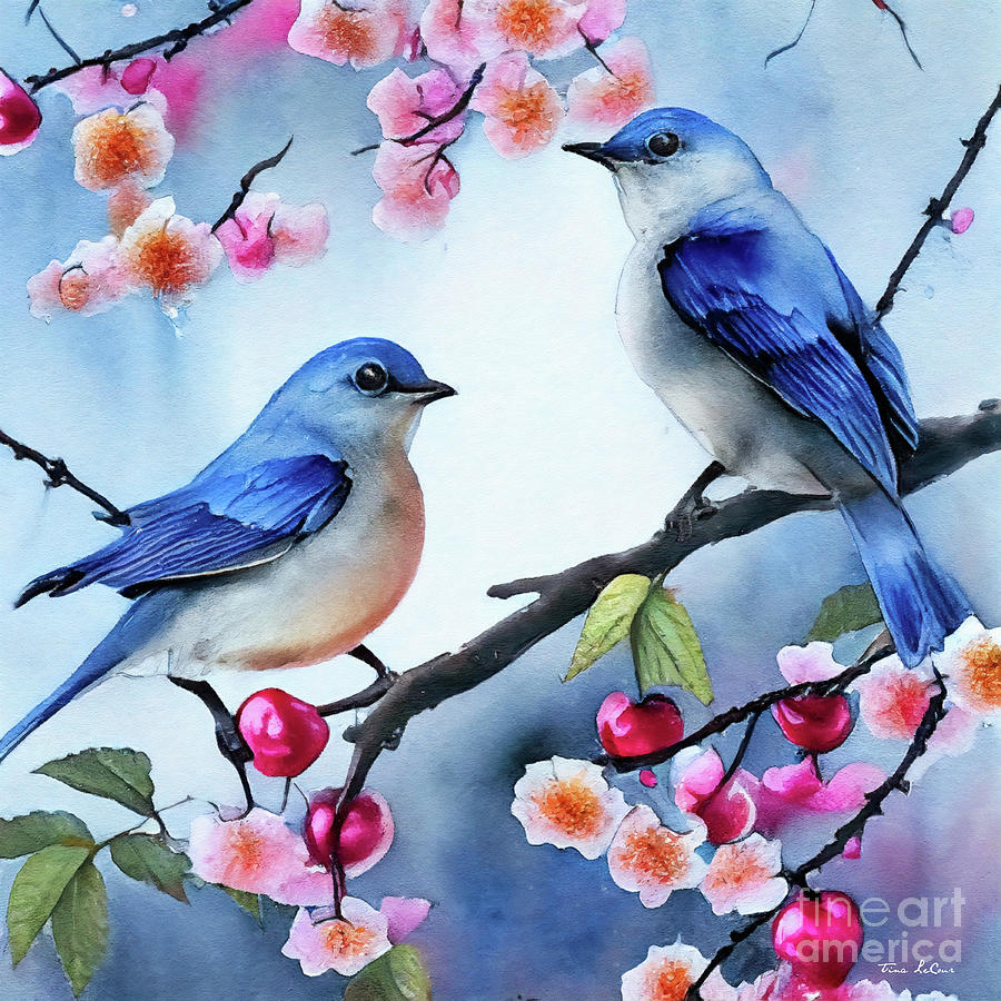Bluebirds in the Cherry Tree Painting by Tina LeCour