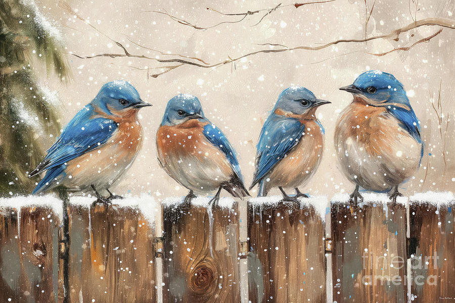 Bluebirds On The Fence Painting