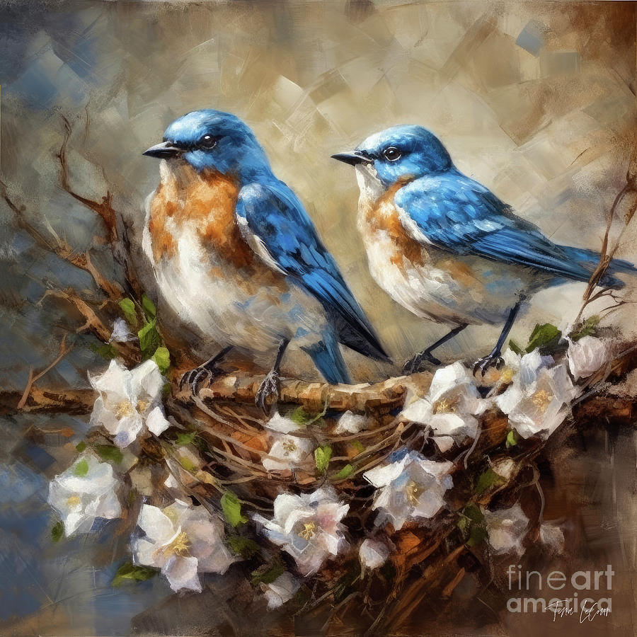 Bluebird Painting - Bluebirds On The Nest by Tina LeCour