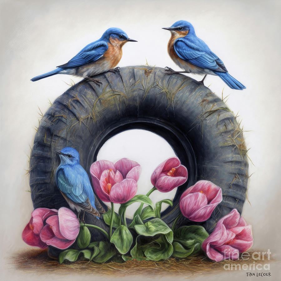 Bluebirds On The Tire Painting by Tina LeCour
