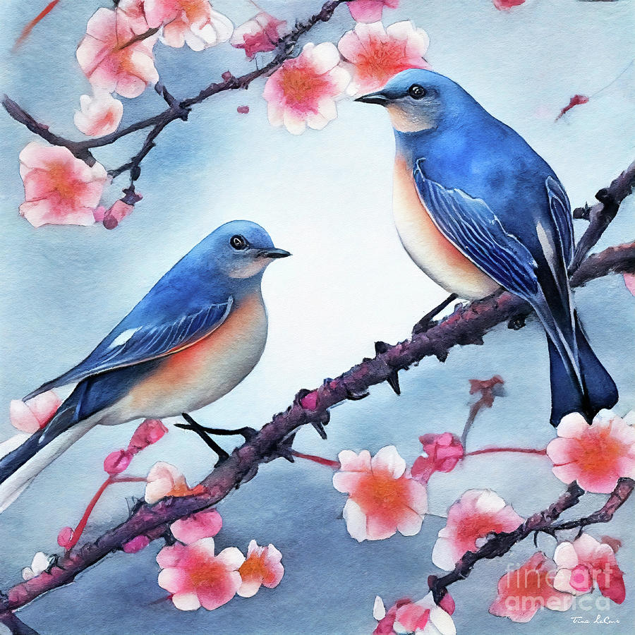 Bluebirds Perched In The Blossoms Painting by Tina LeCour