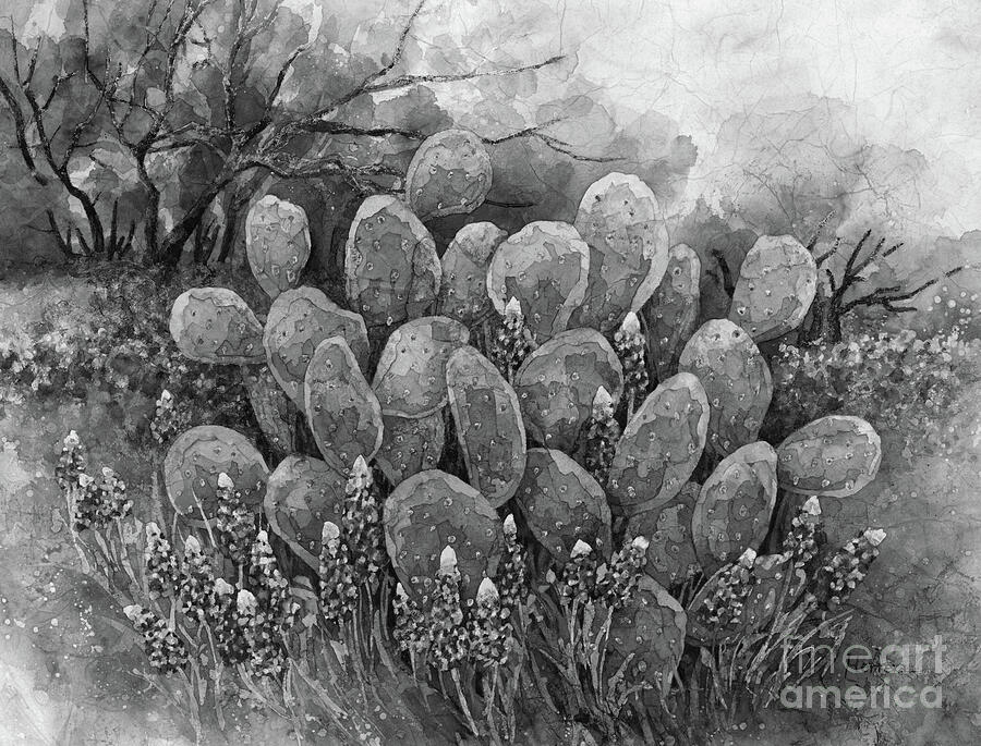 Cactus Painting - Bluebonnets and Cactus 2 in Black and White by Hailey E Herrera