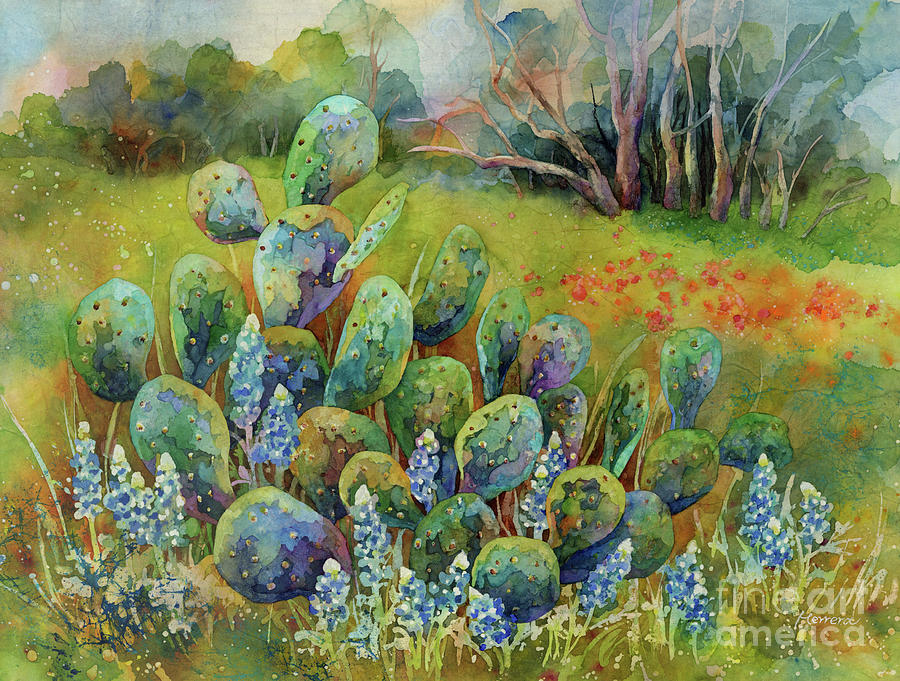 Spring Painting - Bluebonnets and Cactus by Hailey E Herrera