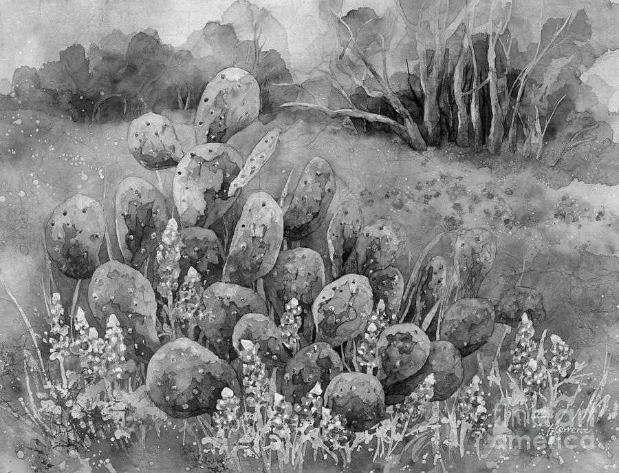 Bluebonnets And Cactus In Black And White Painting
