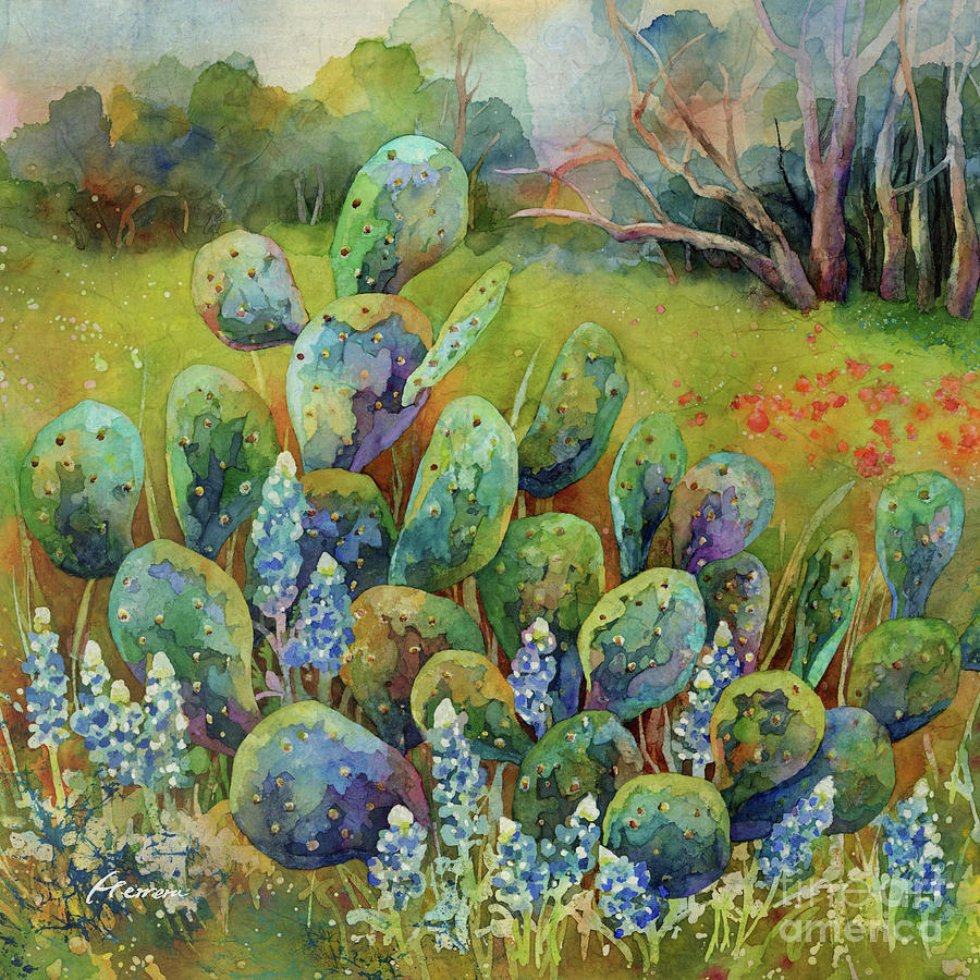 Bluebonnets and Cactus - Prickly Pear Painting by Hailey E Herrera