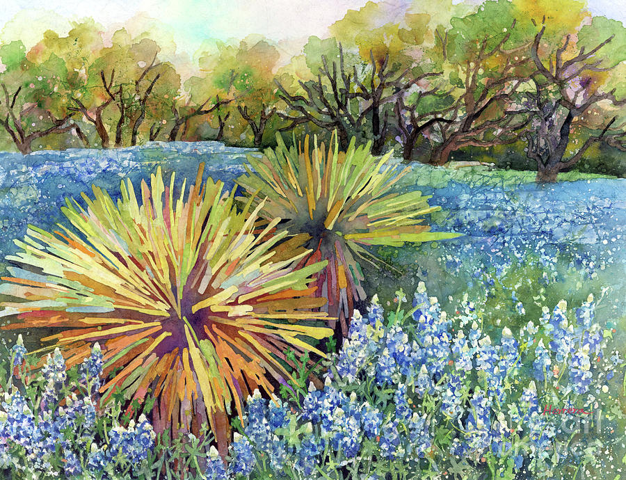 Cactus Painting - Bluebonnets and Yucca-Pastel Colors by Hailey E Herrera